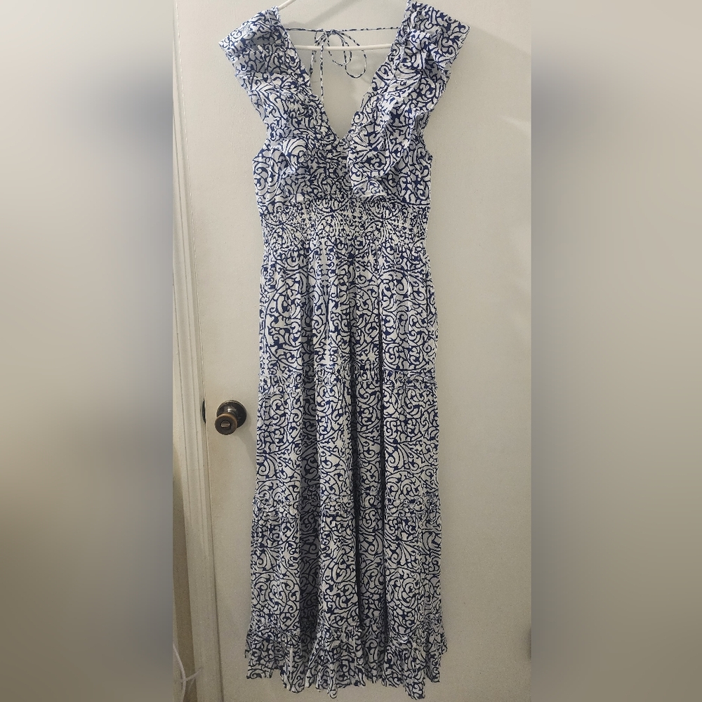 Caroline‎ Constas New York Elegant Blue and White Maxi Dress, Medium, Cotton.